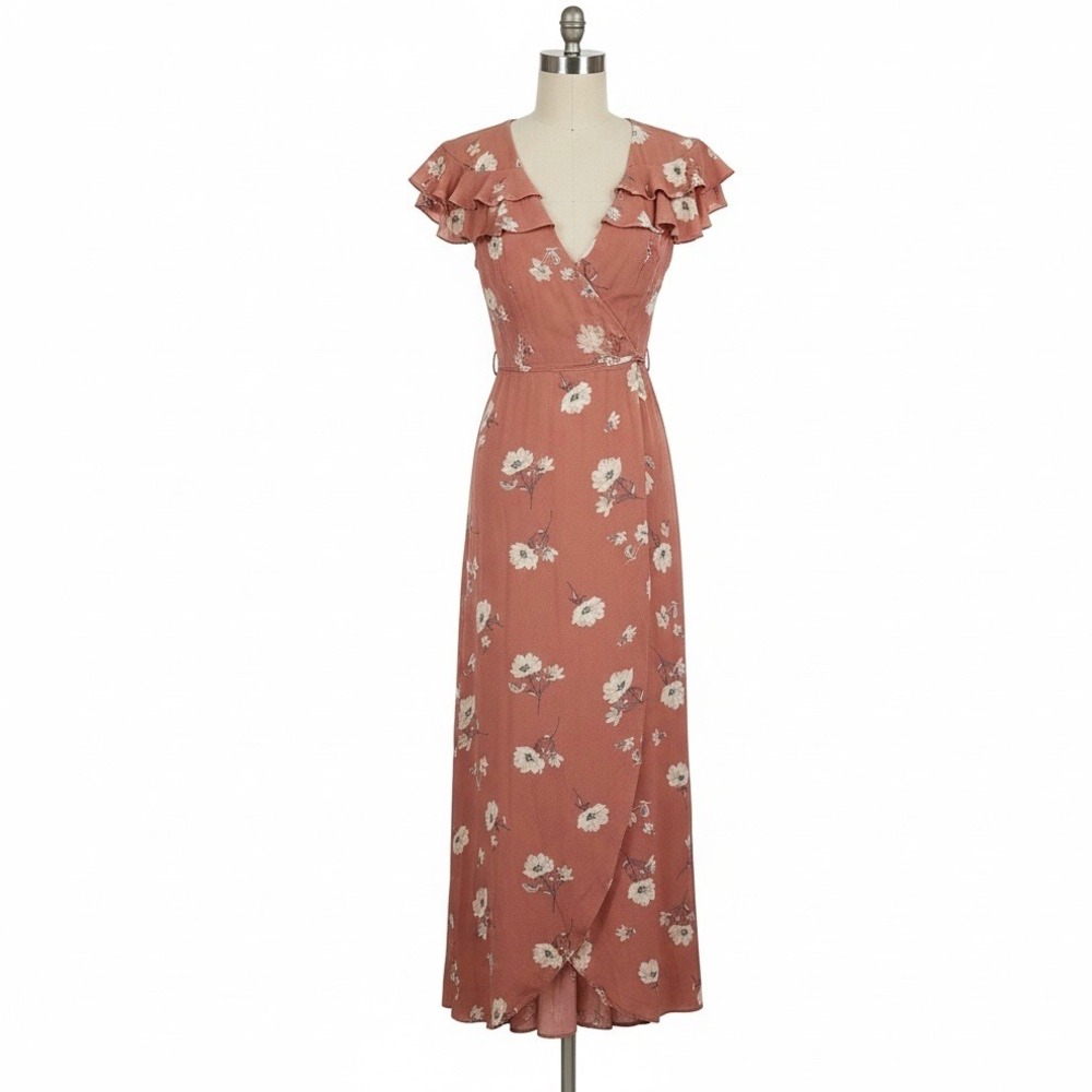 June & Hudson Wrap Dress XS Peach Cream Floral Short Sleeve Midi Romantic Boho